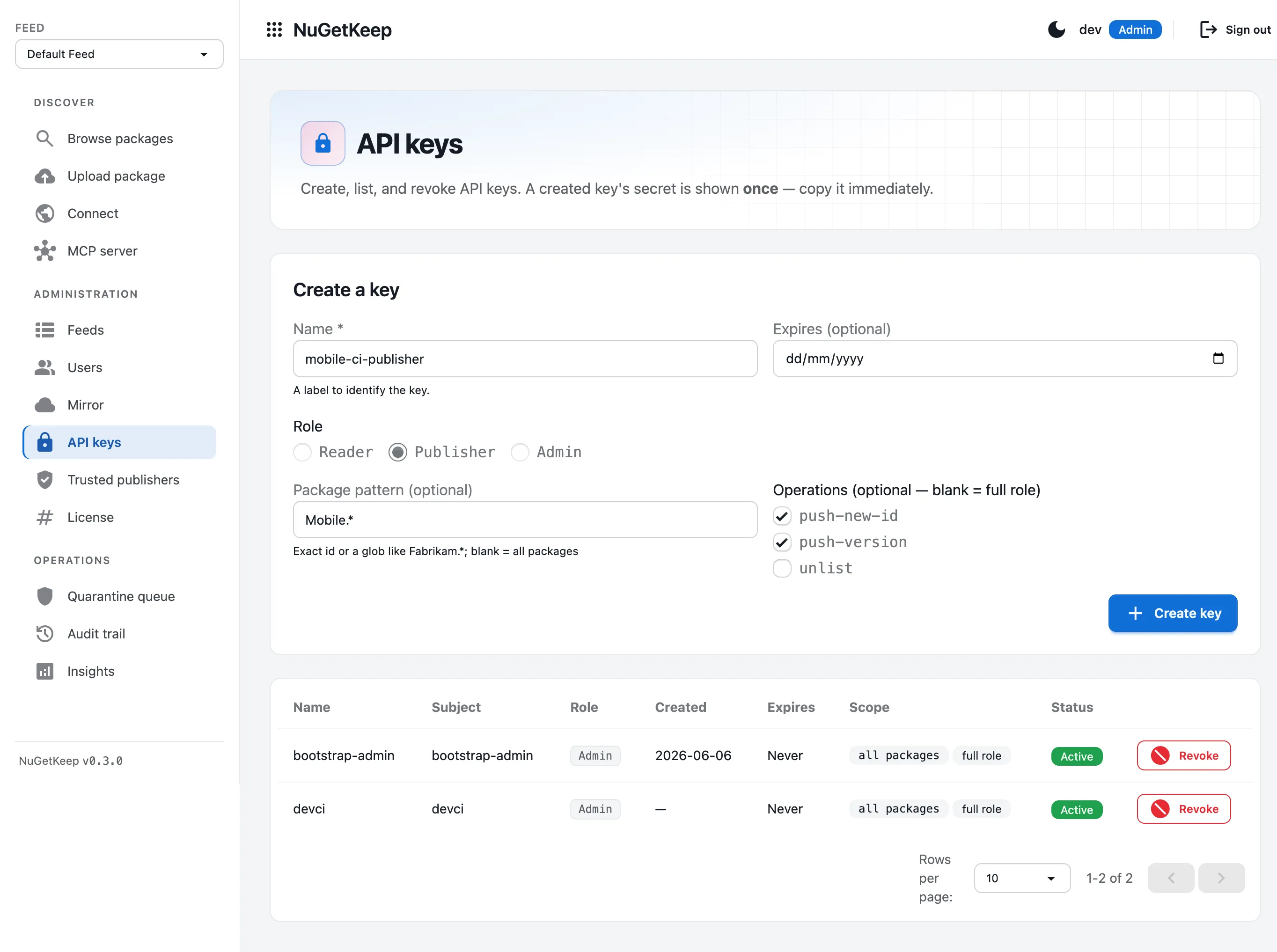 NuGetKeep — Scoped API keys